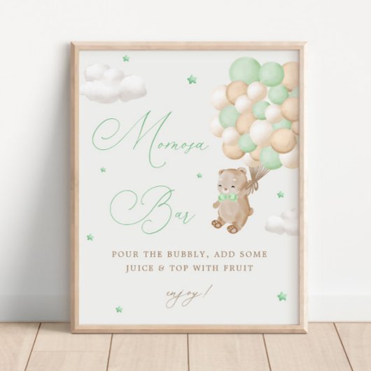 Teddy Bear Green Baby shower Mimosa Bar Poster