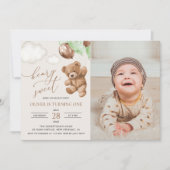 Teddy Bear, Green Balloons, First Birthday Kaart (Voorkant)