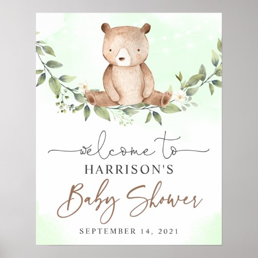 Teddy Bear Green Floral Baby shower Welkomstteken Poster (Voorkant)