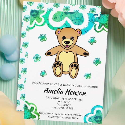 Teddy Bear Green Flowers Floral Baby shower Kaart