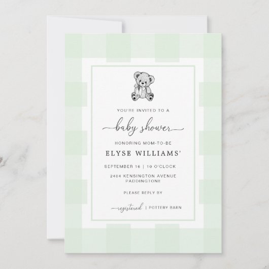 Teddy Bear Green Gingham Baby shower Invitation Kaart (Voorkant)