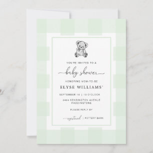 Teddy Bear Green Gingham Baby shower Invitation Kaart