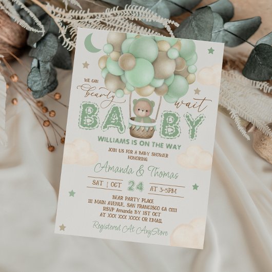 Teddy Bear Green Hete Luchtballon Baby shower Kaart