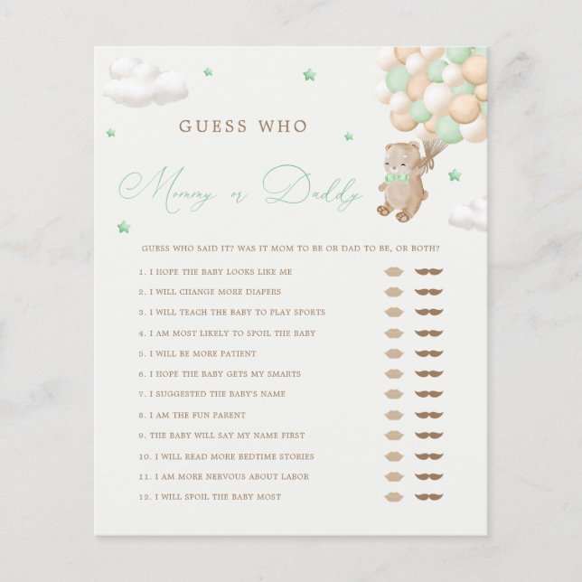 Teddy Bear Green Mama of Daddy Baby shower Spel (Voorkant)