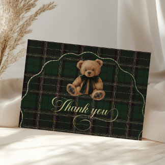 Teddy Bear Green Tartan Baby Shower Bedankkaart