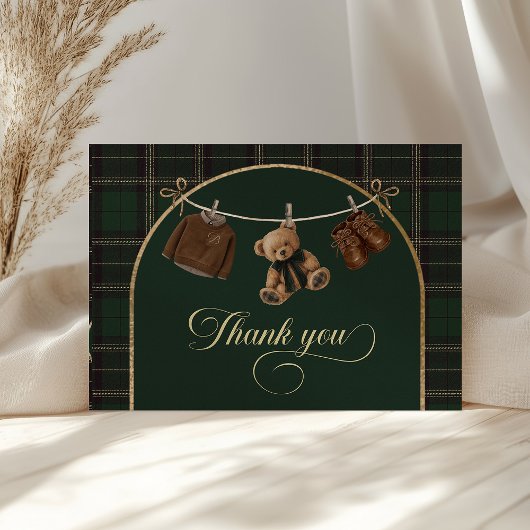 Teddy Bear Green Tartan Baby Shower  Bedankkaart