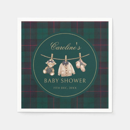 Teddy Bear Green Tartan Baby Shower Napkins Servet (Voorkant)