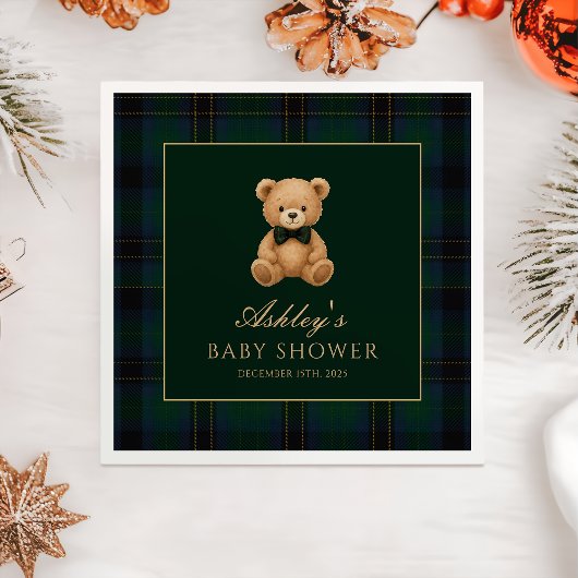 Teddy Bear Green Tartan Baby Shower Paper Napkin Servet