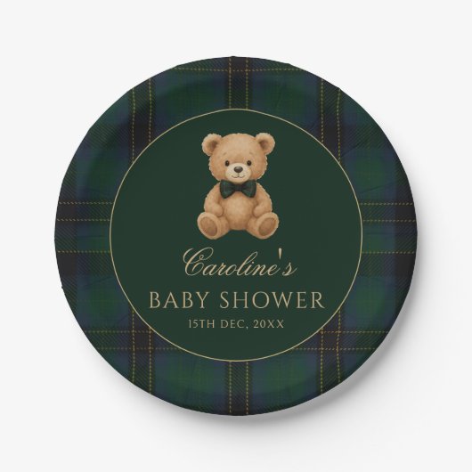 Teddy Bear Green Tartan Baby Shower Paper Plates Papieren Bordje (Voorkant)