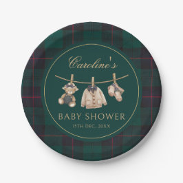 Teddy Bear Green Tartan Baby Shower Paper Plates Papieren Bordje