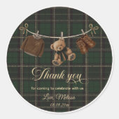 Teddy Bear Green Tartan Baby Shower Ronde Sticker (Voorkant)