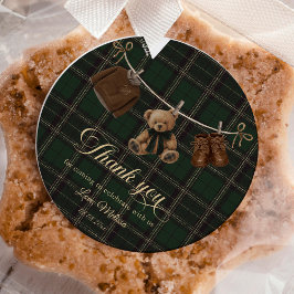 Teddy Bear Green Tartan Baby Shower Ronde Sticker