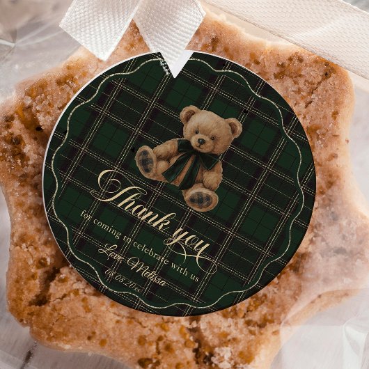 Teddy Bear Green Tartan Baby Shower Ronde Sticker
