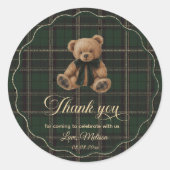 Teddy Bear Green Tartan Baby Shower Ronde Sticker (Voorkant)