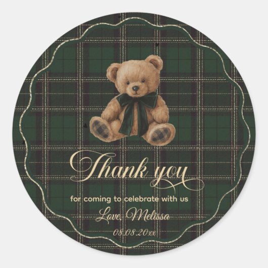 Teddy Bear Green Tartan Baby Shower Ronde Sticker (Voorkant)