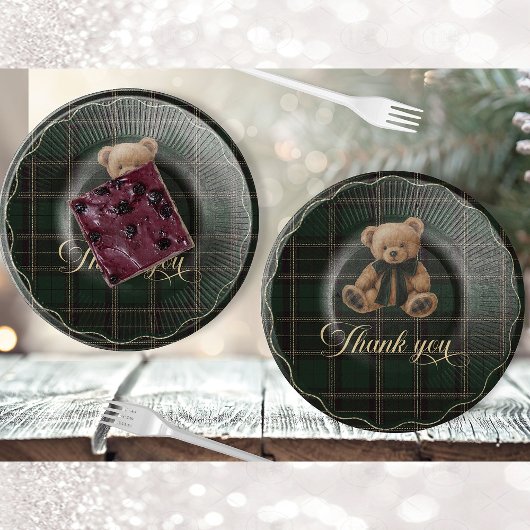 Teddy Bear Green Tartan Paper Plate Papieren Bordje