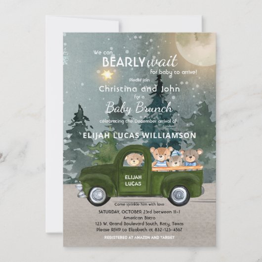 Teddy Bear Green Truck Moon en Forest Baby shower Kaart (Voorkant)