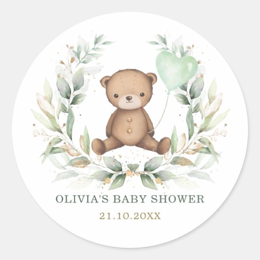  Teddy Bear Greenery Wreath Balonse Baby Ronde Sticker (Voorkant)