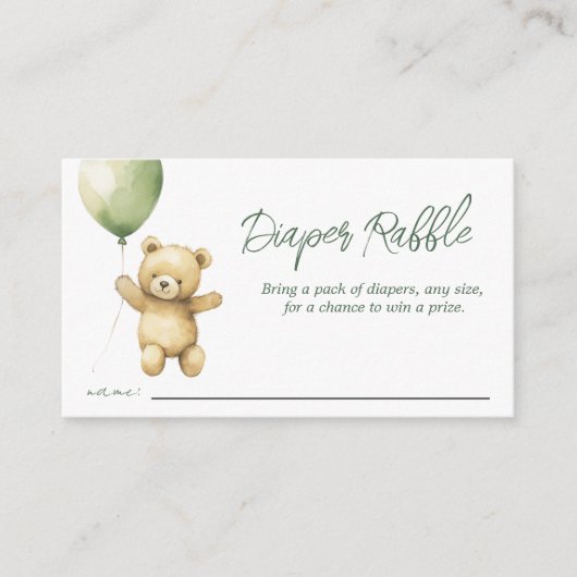 Teddy Bear Groene Ballon Baby shower Luier Raffle Informatiekaartje (Voorkant)