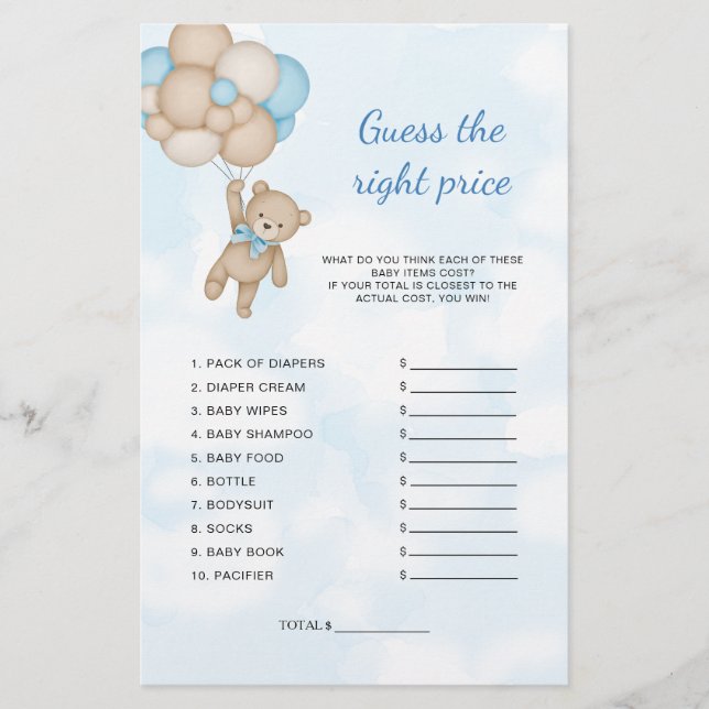 Teddy Bear Guess The Price Baby Shower Game (Voorkant)