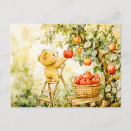 Teddy Bear Harvesting Apples with Ladder Briefkaart