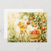 Teddy Bear Harvesting Apples with Ladder Briefkaart (Voorkant / Achterkant)