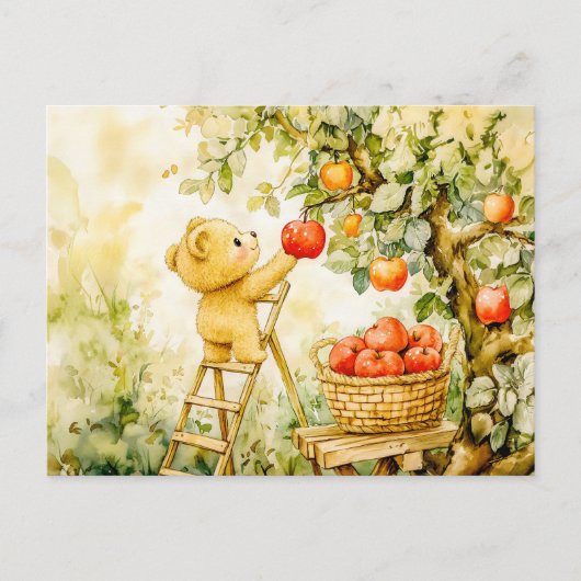 Teddy Bear Harvesting Apples with Ladder Briefkaart (Voorkant)