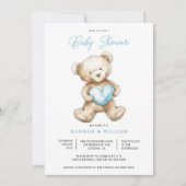 Teddy Bear Heart Boy Blue Baby Shower  Kaart (Voorkant)