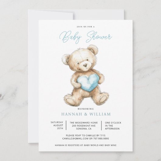 Teddy Bear Heart Boy Blue Baby Shower  Kaart (Voorkant)