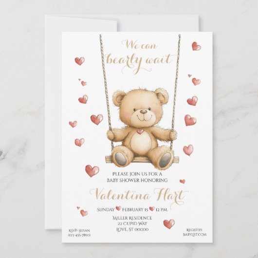 Teddy Bear Hearts Baby Shower Invitation Kaart (Voorkant)