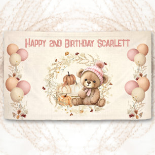 Teddy Bear Herfst Meisje Roze Beige Verjaardagsban Spandoek