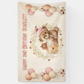Teddy Bear Herfst Meisje Roze Beige Verjaardagsban Spandoek (Verticaal)