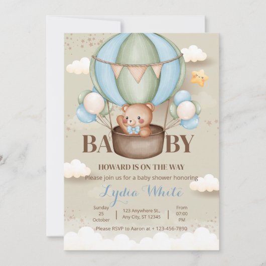 Teddy Bear Hete Luchtballon Baby shower Oh Baby Kaart (Voorkant)