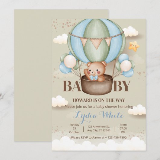 Teddy Bear Hete Luchtballon Baby shower Oh Baby Kaart (Voorkant / Achterkant)