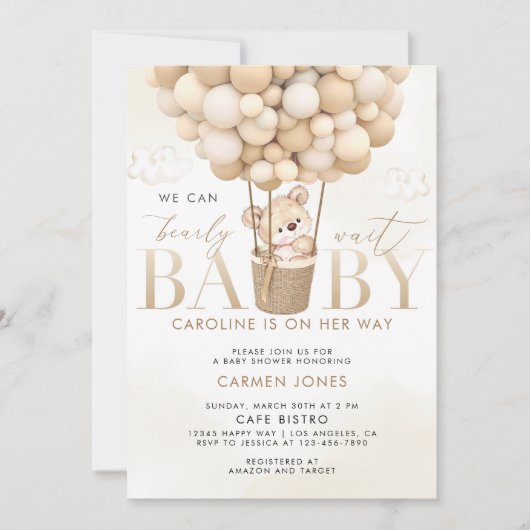 Teddy Bear Hete Luchtballonnen Baby shower Uitnodi Kaart (Voorkant)