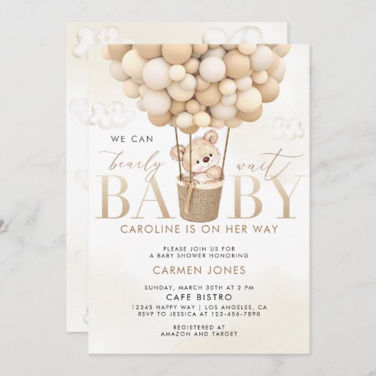 Teddy Bear Hete Luchtballonnen Baby shower Uitnodi Kaart (Voorkant / Achterkant)