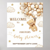 Teddy Bear Holding Ballonnen Goud Beige Welkom Poster (Voorkant)