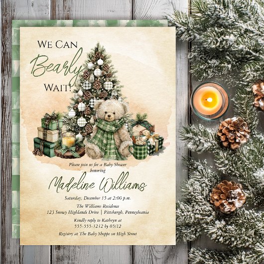 Teddy Bear Holiday We Can Bearly Wait Baby Shower Kaart