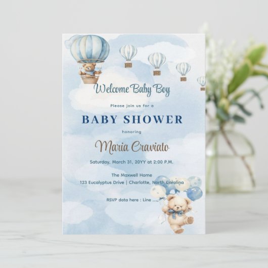 Teddy Bear Hot Air Ballon Baby shower Uitnodiging (Staand voorkant)