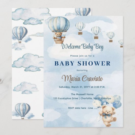 Teddy Bear Hot Air Ballon Baby shower Uitnodiging (Voorkant / Achterkant)