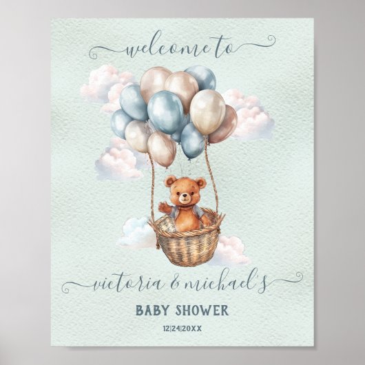 Teddy Bear Hot Air Ballon Baby shower Welkom Poster (Voorkant)