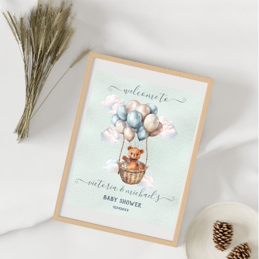 Teddy Bear Hot Air Ballon Baby shower Welkom Poster