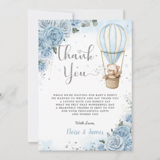 Teddy Bear Hot Air Ballon Blue Floral Baby shower Bedankkaart (Voorkant)