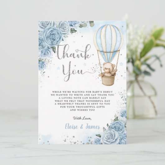 Teddy Bear Hot Air Ballon Blue Floral Baby shower Bedankkaart (Staand voorkant)