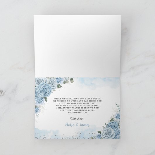 Teddy Bear Hot Air Ballon Blue Floral Baby shower Bedankkaart (Binnen)