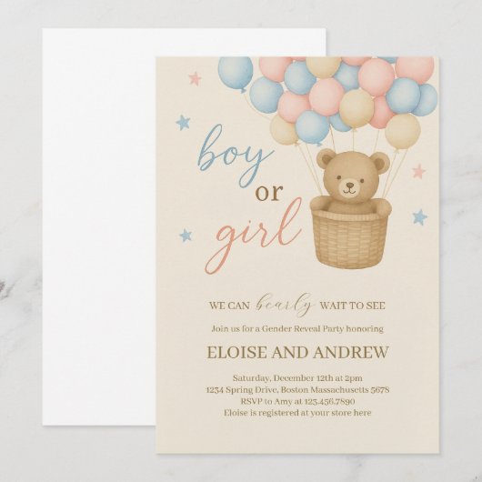 Teddy Bear Hot Air Ballon Geslacht Kaart (Voorkant / Achterkant)