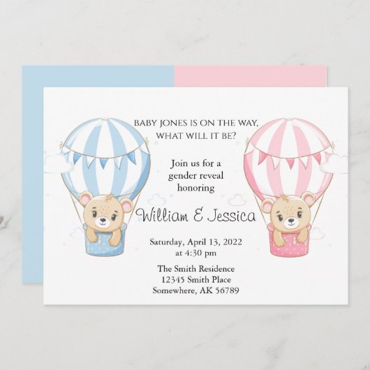 Teddy Bear Hot Air Ballon Geslacht Kaart (Voorkant / Achterkant)