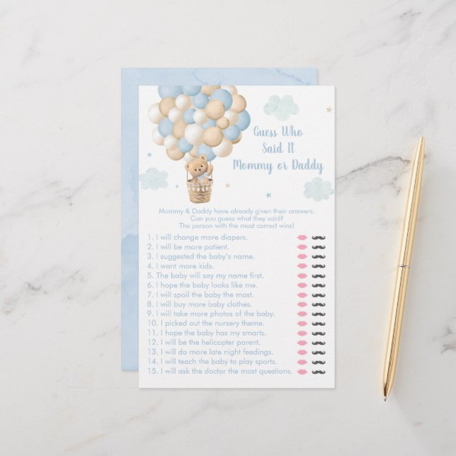 Teddy Bear Hot Air Balloon Guess Who Said It Game (Voorkant / Achterkant in situ)