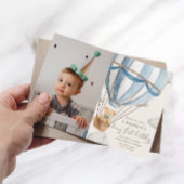 Teddy Bear Hot Hair Ballon Eerste Verjaardag Foto Kaart