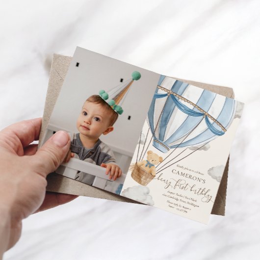 Teddy Bear Hot Hair Ballon Eerste Verjaardag Foto Kaart